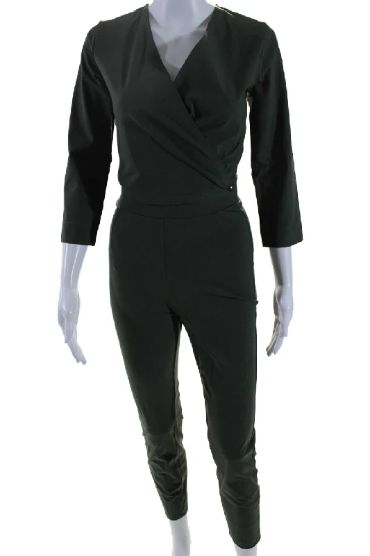 Online Impressions Boutique Aday Womens Stretch V-Neck Long Sleeve Destination Jumpsuit Moss