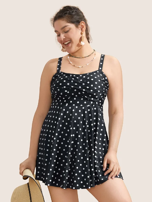 Affordable Women's Clothing Sale Online Polka Dot Crossover Ruched Flutter Hem Swim Dress