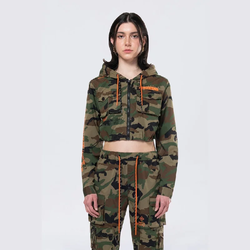 Modern Women's Fashion with Vintage Touches Hooded Utility Full Zip Jacket - Wood Camo