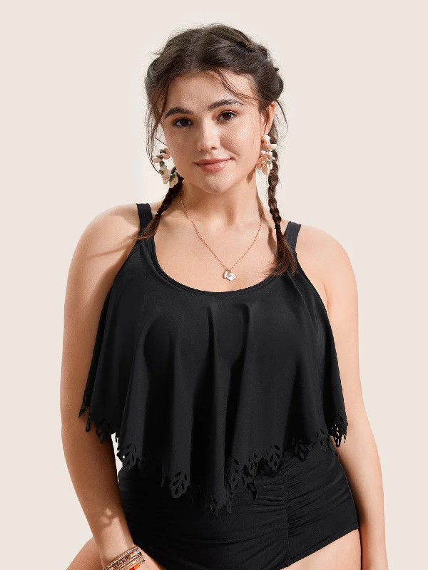 Women's Casual Wear Clothing Solid Ruffle Trim Laser Cut Swim Top