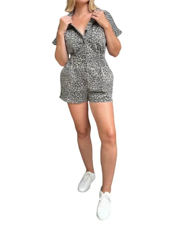 Women Fashion Wild One Denim Leopard Romper