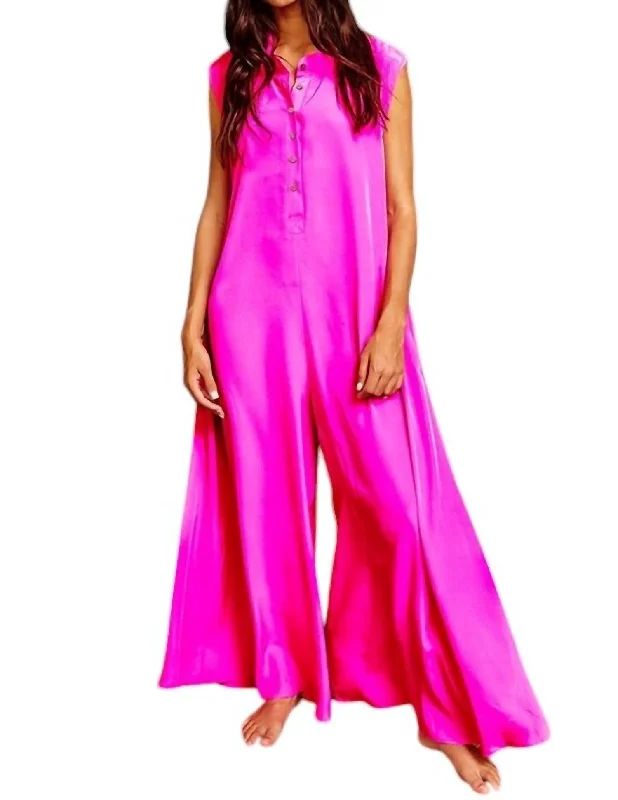 Women's Vintage-Inspired Clothing Wide Leg Solid Satin Jumpsuit In Fuschia