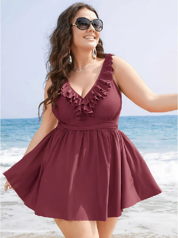 Women's Trendy Outfit Ruffle Trim Adjustable Straps Gathered Sculpt Waist Swim Dress