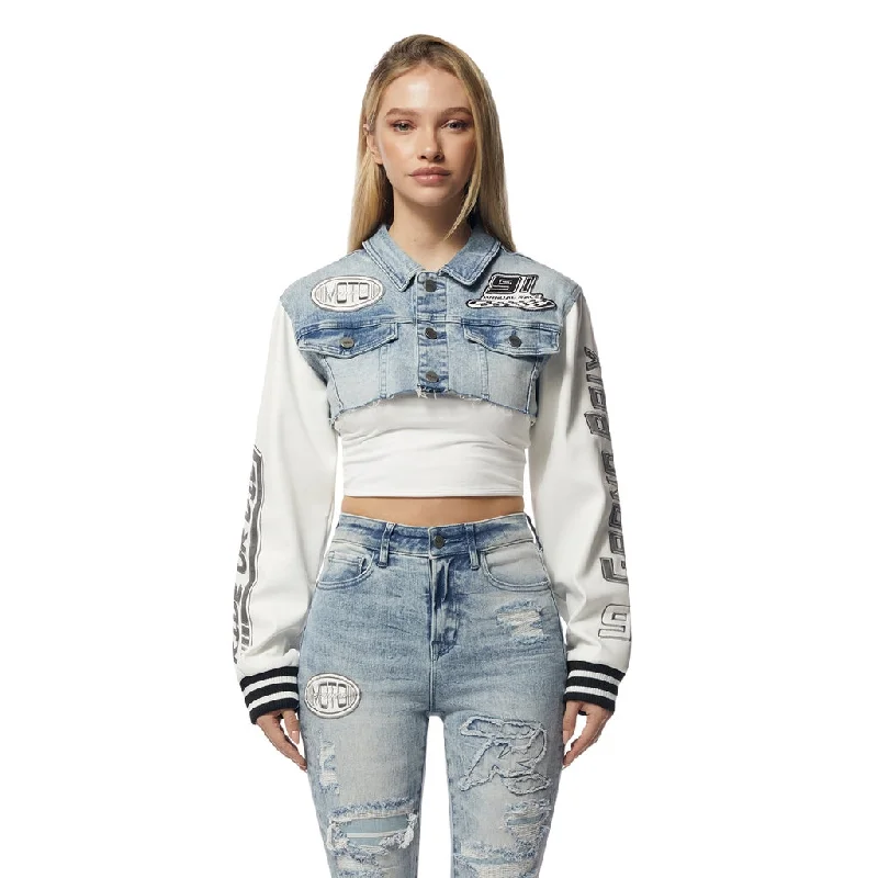 Women Fashion Cropped Jean Racing Jacket - Lowell Blue