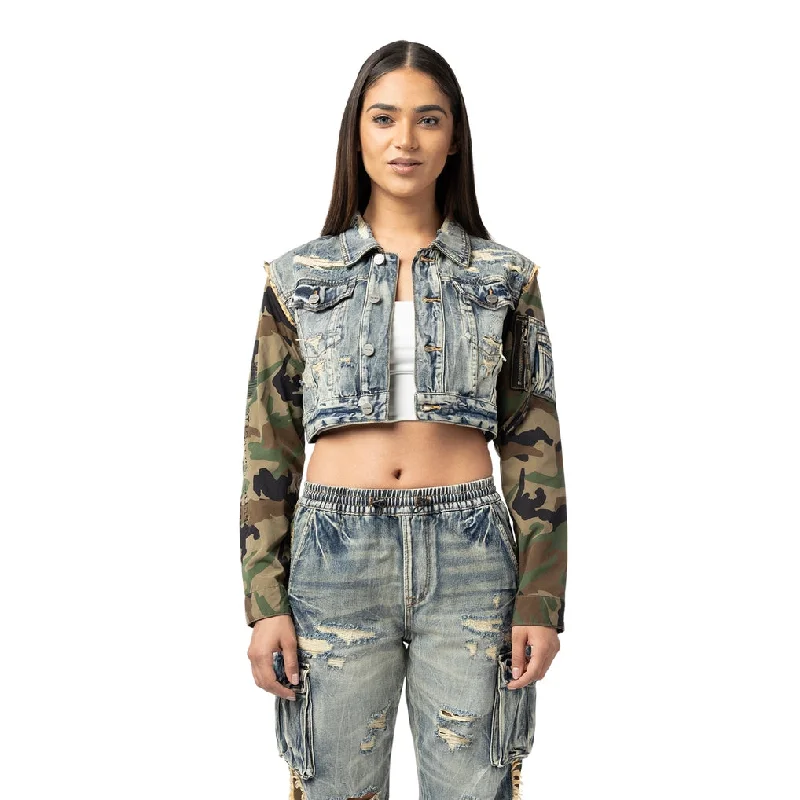 Plus Size Women Wear Mix Media Cropped Jean Jacket - Florence Blue