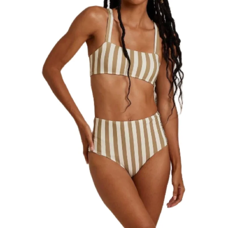 Luxury Women's Clothing High Waisted Bikini Bottom In Olive Stripe