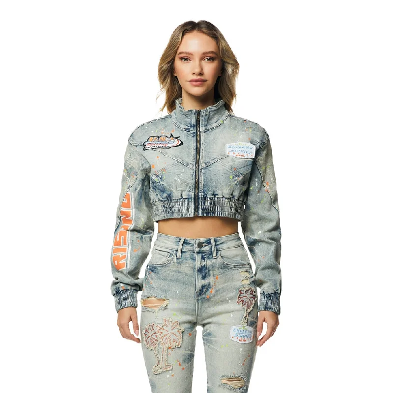 Online Boutiques Affordable Cropped Racing Jean Jacket - Alpine Blue