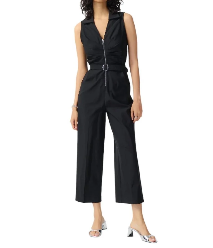 Woman Clothing Cropped V-Neck Jumpsuit In Black