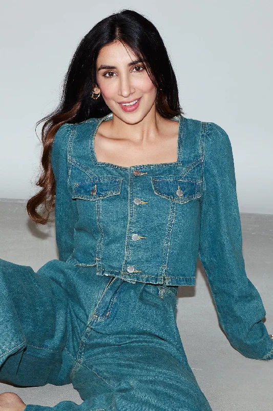 Plus-Size Women's Garments Square Neck Denim Jacket With Slits