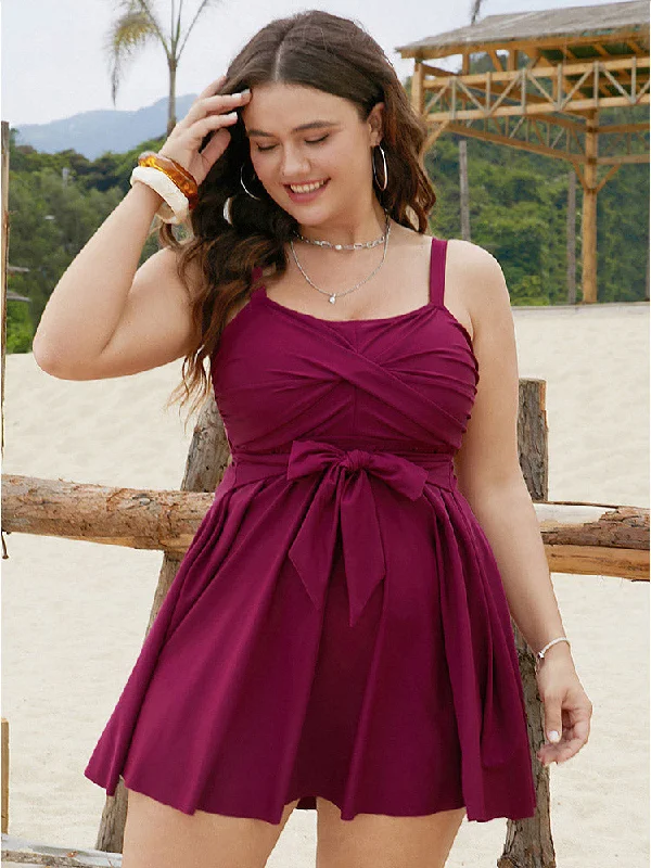 Women's Garments Bowknot Crossover Pleated Detail Swim Dress