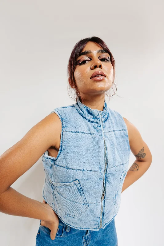 Women's Chic Outfit Quilted Indigo Crop Denim Jacket