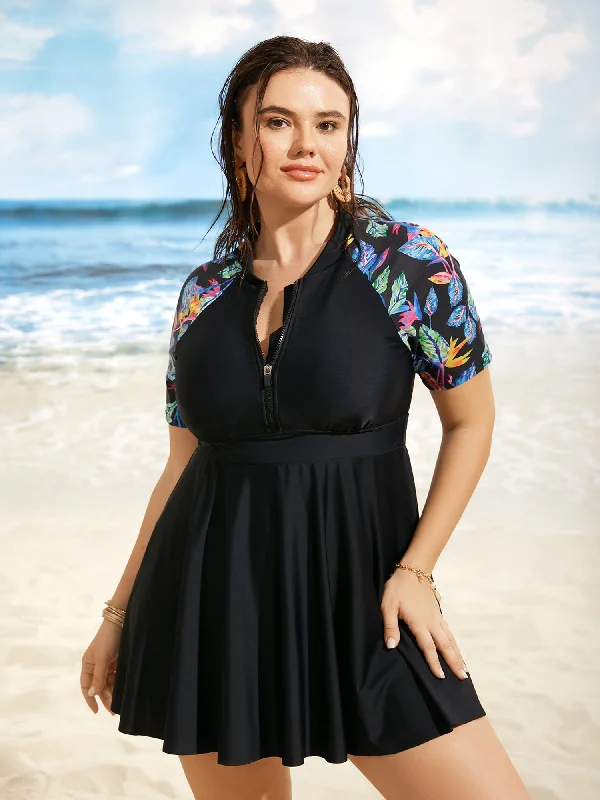 Women's Evening Attire Tropical Print Half Zip Raglan Sleeve Swim Dress