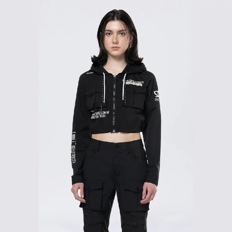 High-End Women's Apparel Hooded Utility Full Zip Jacket - Black