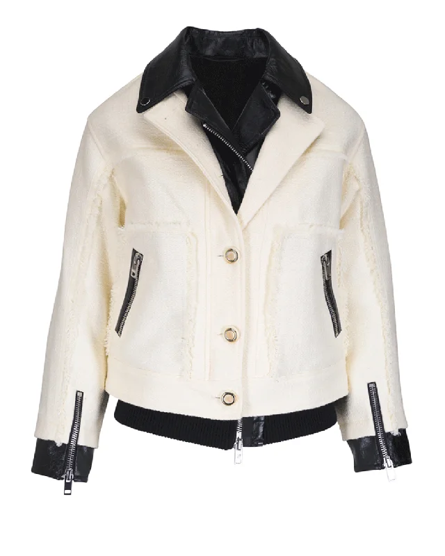 Casual Style for Busy Women Ivory Black Tweed Moto Jacket with Leather Combo