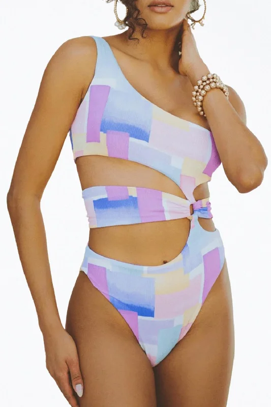 Women's Stylish Outerwear Gaia Retro Ribbed Cutout One-Piece Swimsuit In Pastel Shapes