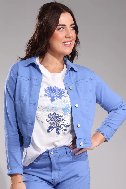 Sustainable Women's Clothing Stretch Coloured Cotton Crop Jacket | SOFT BLUE | 6921A1