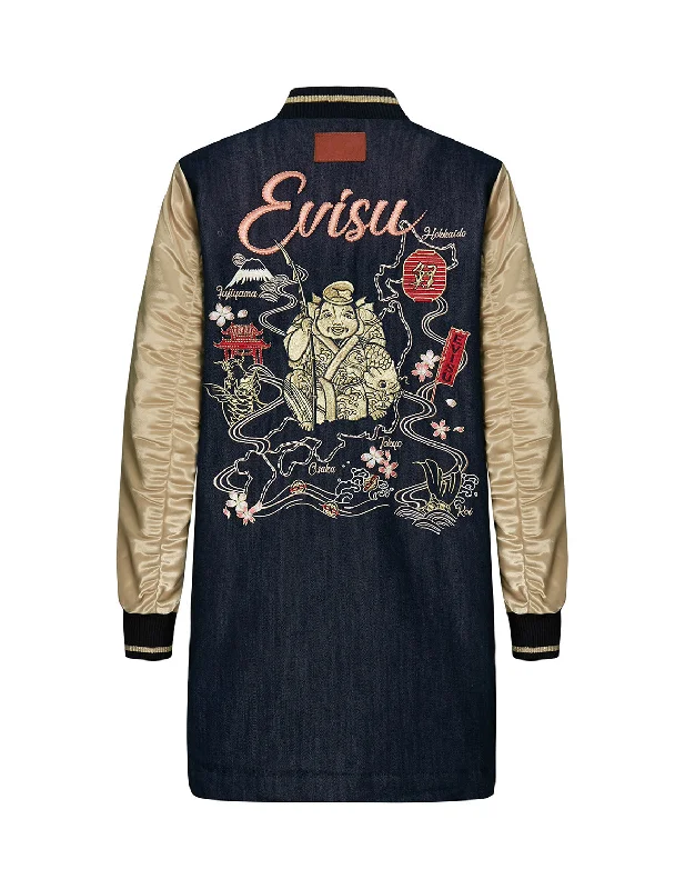 Women's Trendy Attire Denim Blocking Souvenir Long Coat