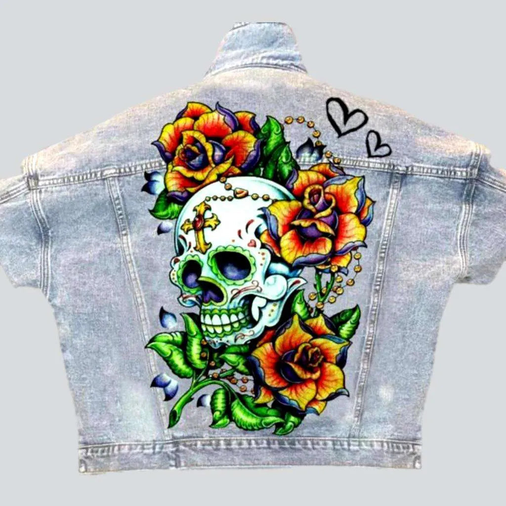 Vintage-Inspired Garments Light-wash skull print women's jean jacket