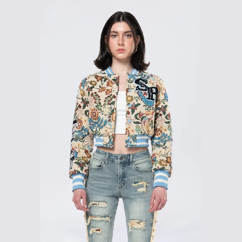 Easygoing Women's Style Cropped Tapestry Varsity Jacket - Botanic