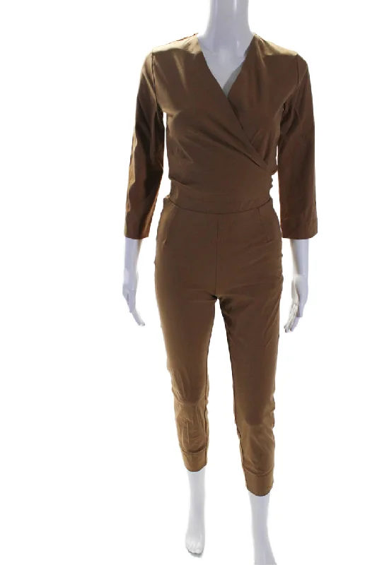Vintage-Inspired Garments Aday Womens V-Neck Long Sleeve Destination Jumpsuit One Piece Camel