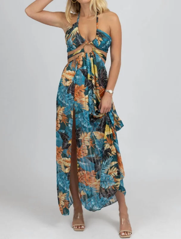 Women's Clothing For Outdoor Activities Tropical High Slit Maxi Cover Up In Teal
