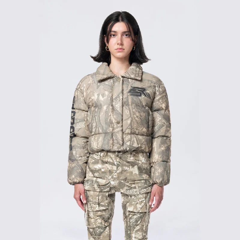 Women's Evening Wear Attire Patched Puffer Jacket - Khaki Hunting Camo