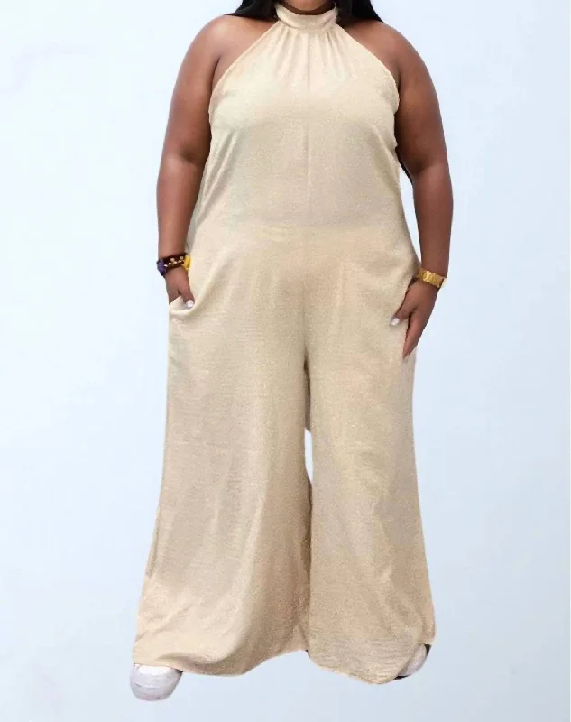 Comfortable Lounge Clothing Halter Neck Wide Leg Jumpsuit In Ivory