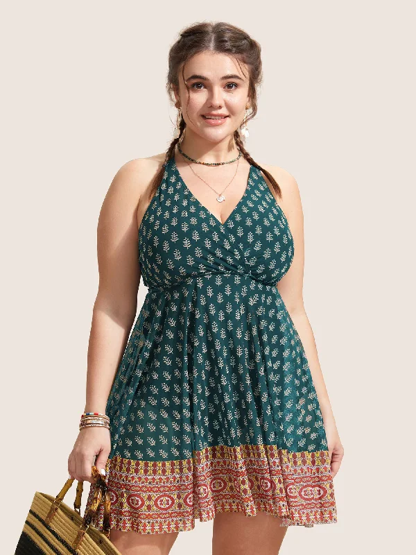 Clothing For Women Overlap Collar Boho Print Patchwork Swim Dress