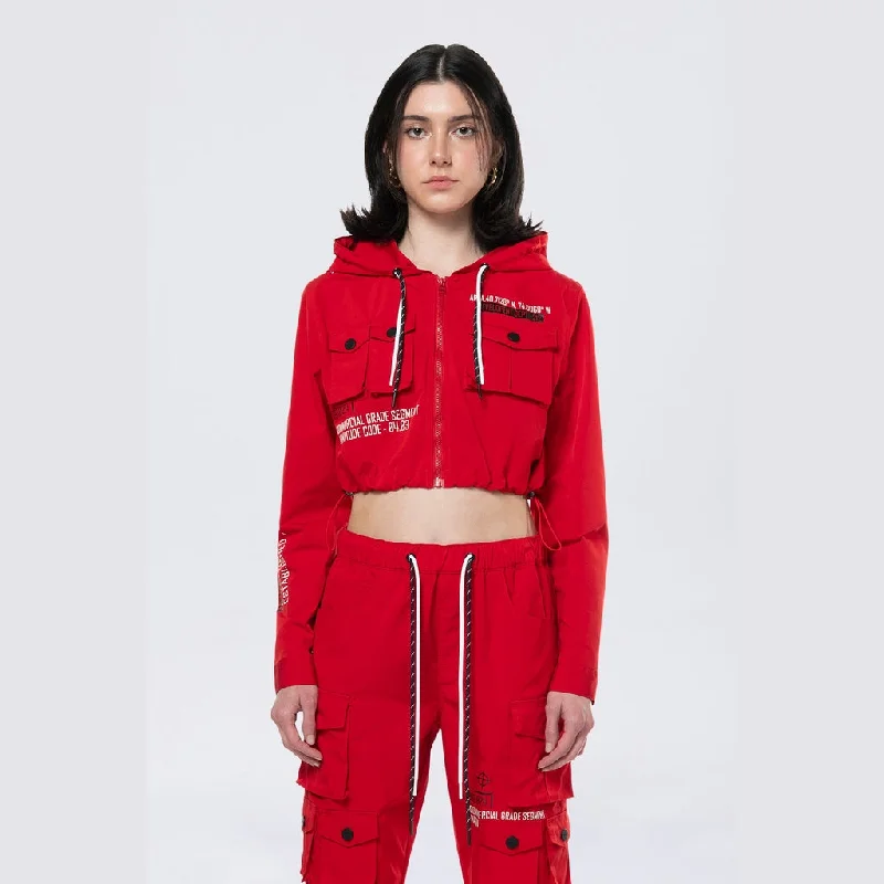 Trendy Women's Apparel for All Seasons Hooded Utility Full Zip Jacket - True Red
