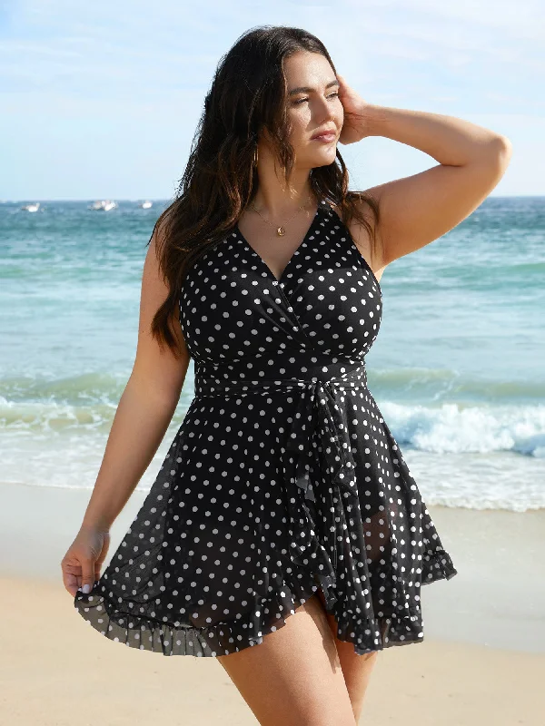 Women's Clothing Outfit Set Polka Dot Ruffled Hem Belted Swim Dress