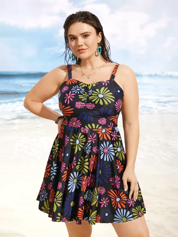 Women's High-Fashion Garments Floral Heart Neckline Ruched Swim Dress