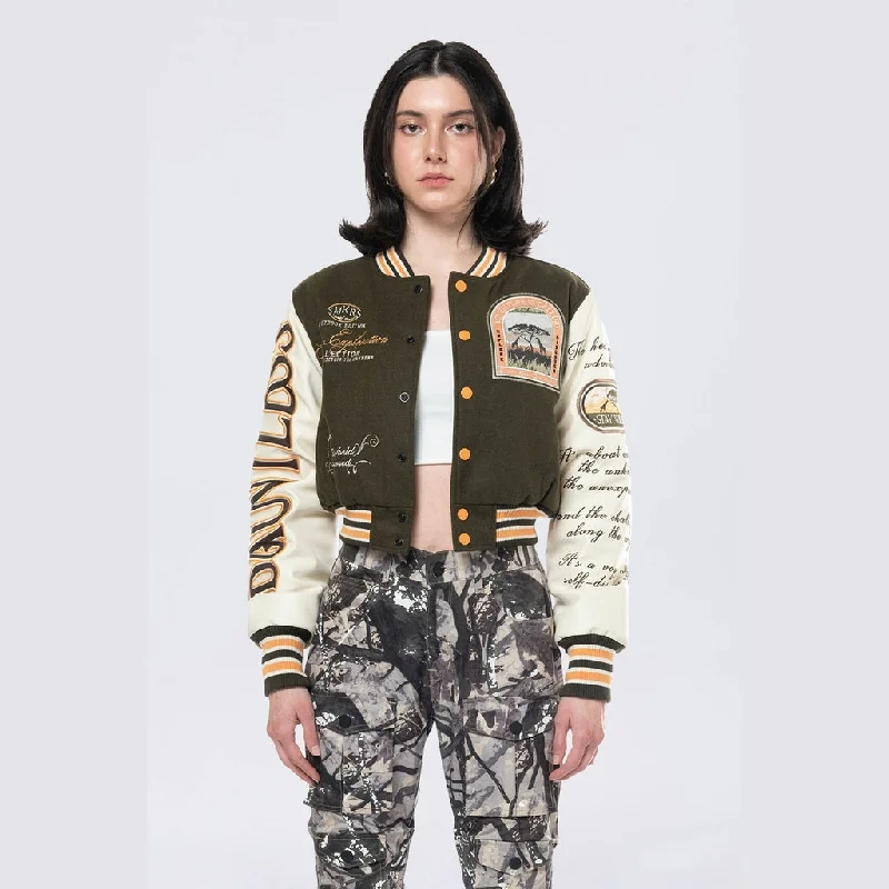 Women's Romantic Outfit Cropped Safari Varsity Jacket - Forest Green