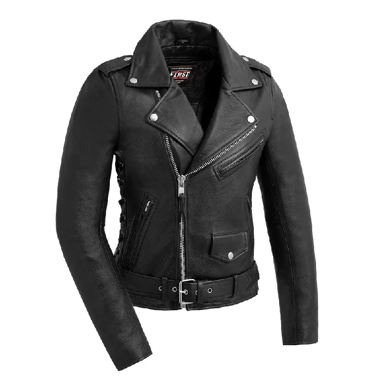 Women's Travel Attire Popstar Women's Motorcycle Leather Jacket by First MFG.