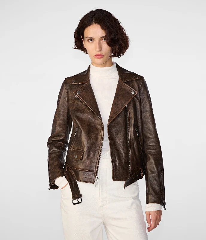 Women's Outerwear Attire Bryn Distressed Brown Moto Jacket