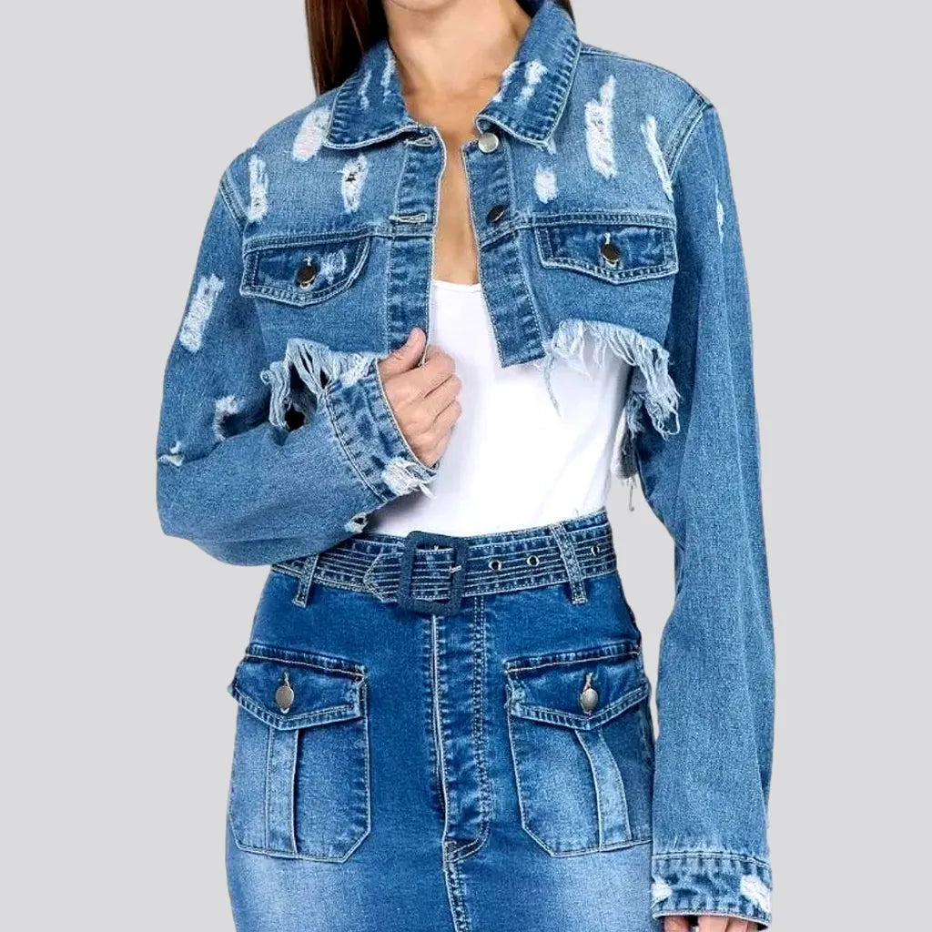 Clothes Women Fashionable frayed denim jacket for women