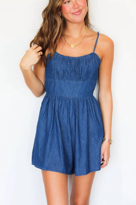 Women's Chic Apparel Smocked Denim Romper In Blue