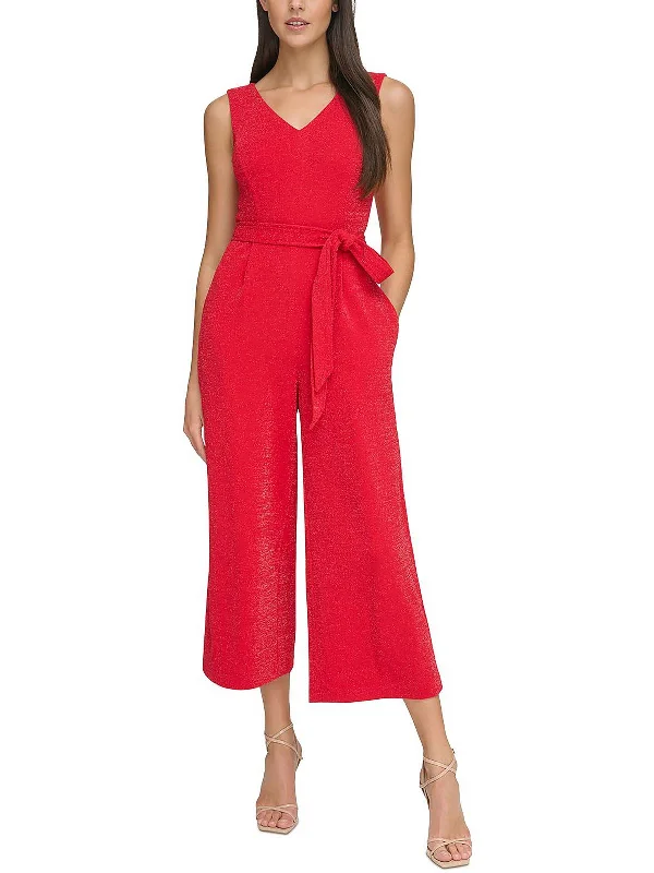 Chic Women's Attire Womens Cropped Metallic Jumpsuit
