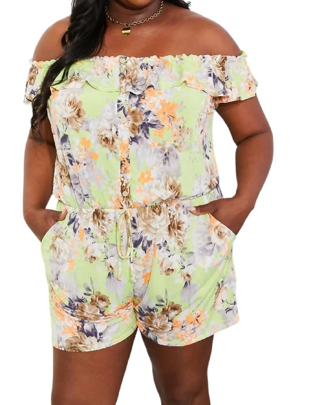 Charming Everyday Clothing For Women Full Size Pure Delight Floral Off-Shoulder Romper In Neon Yellow