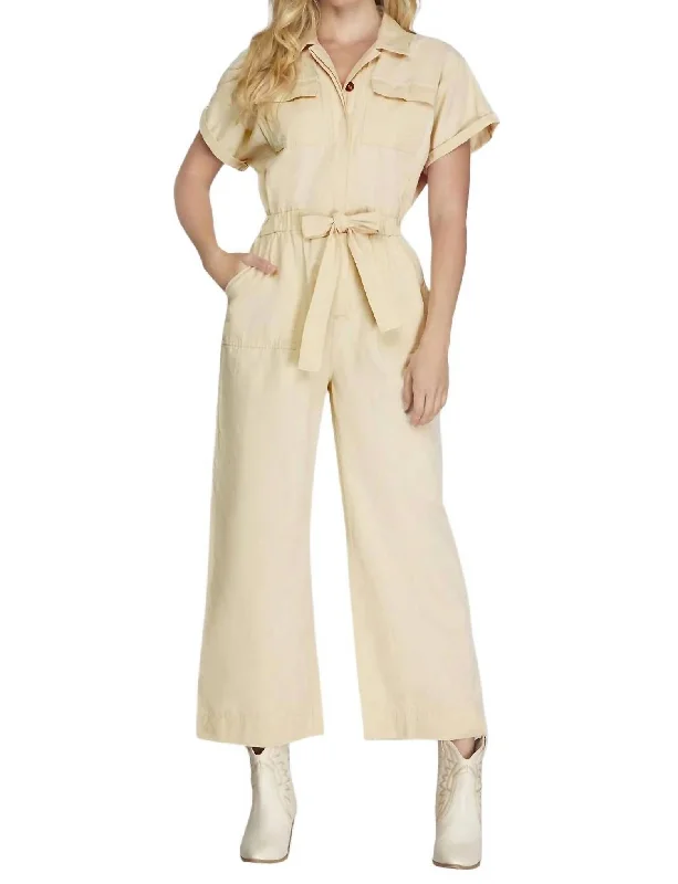 Trendy Women's Apparel for All Seasons Short Sleeve Button Front Jumpsuit In Ecru