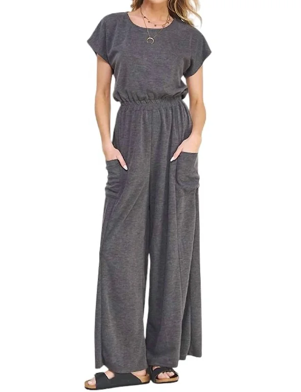 Flash Sale Online Short Sleeve Knit Straight Leg Elastic Jumpsuit In Charcoal