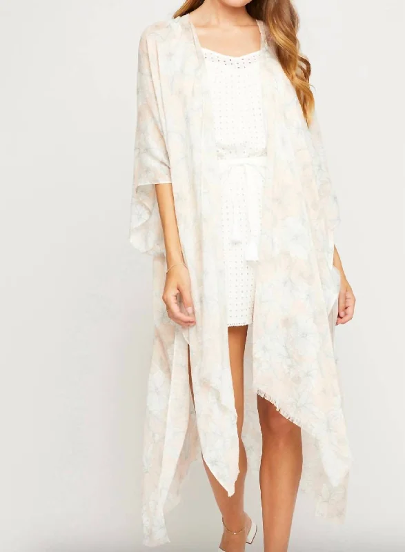 Fashionable Casual Tops Mosaic Cover-Up In Cream Sketched Flowers
