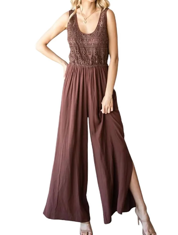 Women's Fashionable Clothing Sets Tie Back Sleeveless Slit Wide Leg Jumpsuit In Brown