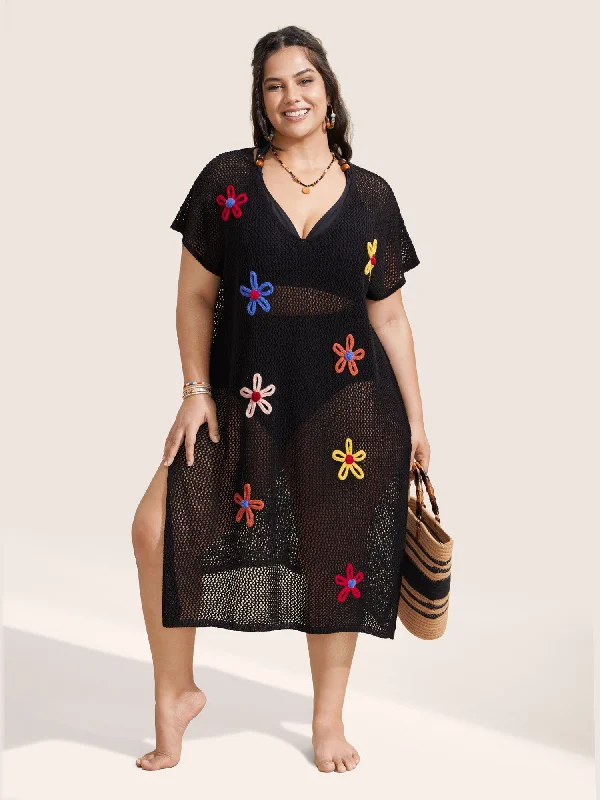 Women's Occasion Wear Apparel Stereo Flower Design Slit Hem Swim Cover Up