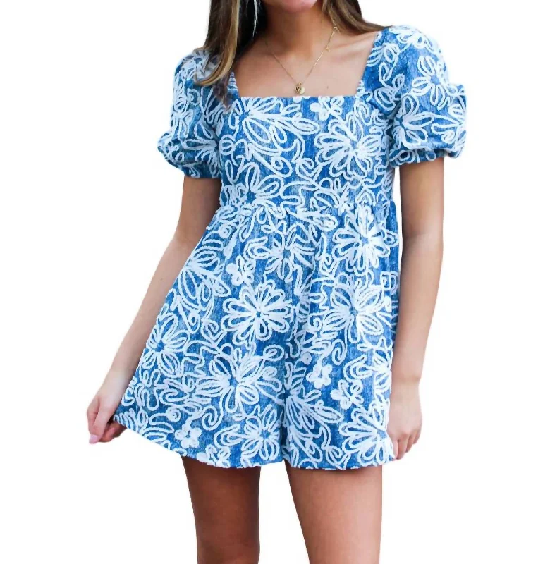 Women's Vacation Clothes Floral Velvet Denim Romper In Blue
