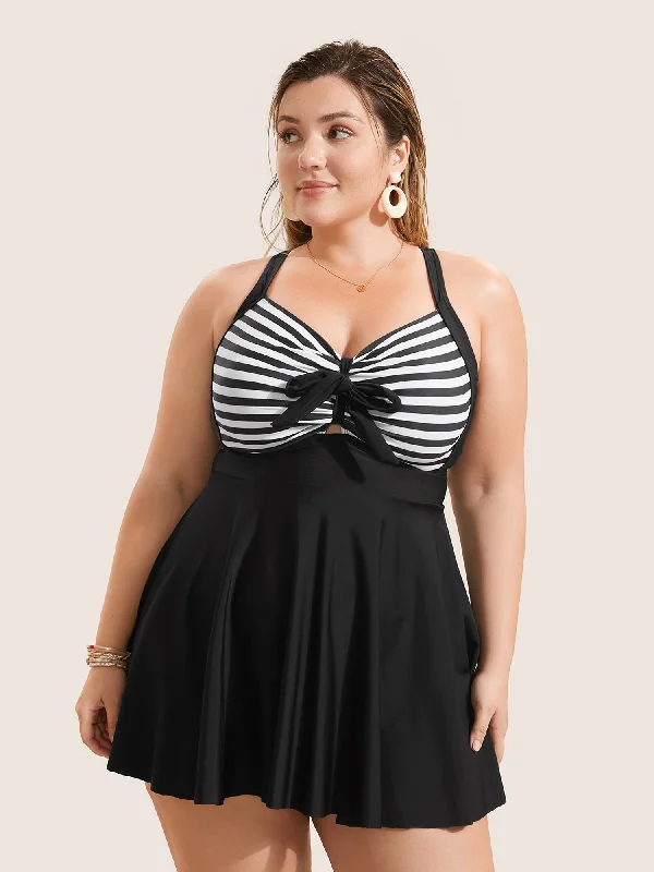 Stylish Women's Garments For Holidays Stripes Patchwork Tie Knot Cross Straps Swim Dress