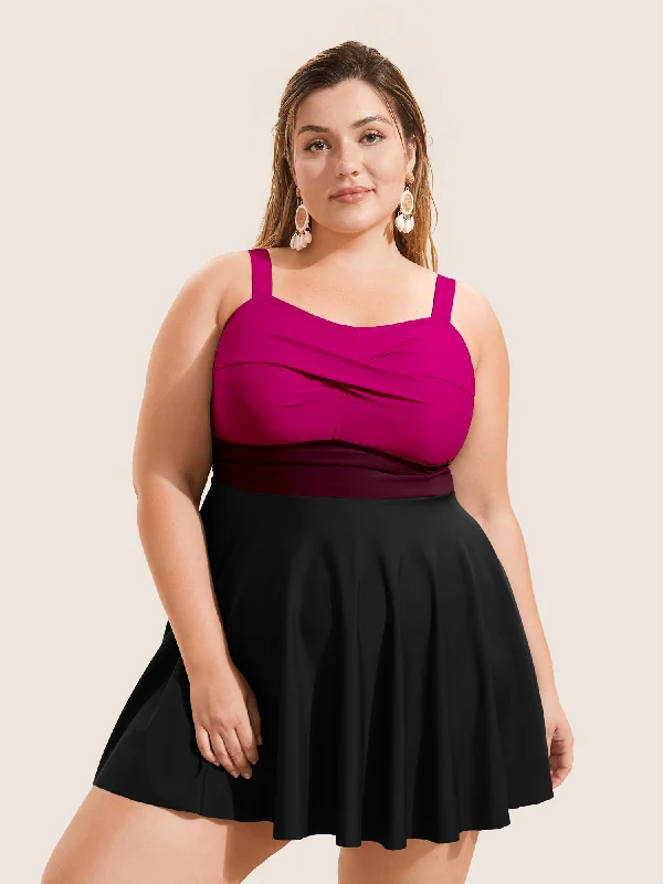 Affordable Women's Clothing Twist Front Patchwork Adjustable Straps Swim Dress