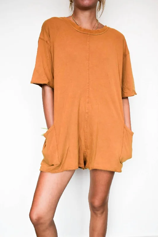 Women's Casual Wear Clothes Open Back Vintage Wash Romper In Camel