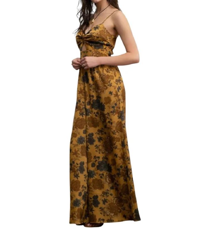 Women's Chic Outerwear Outfit Satin Floral Sleeveless Jumpsuit In Gold