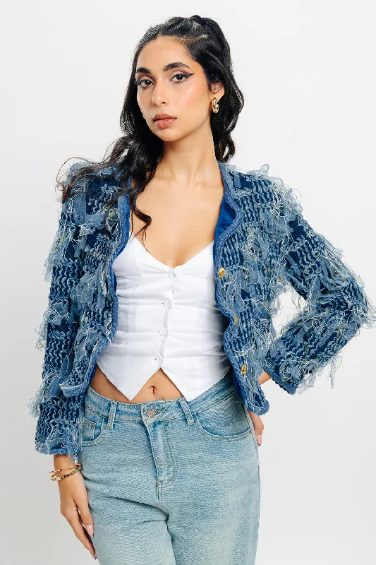Affordable Women's Outfit Fringe Crop Blue Jacket
