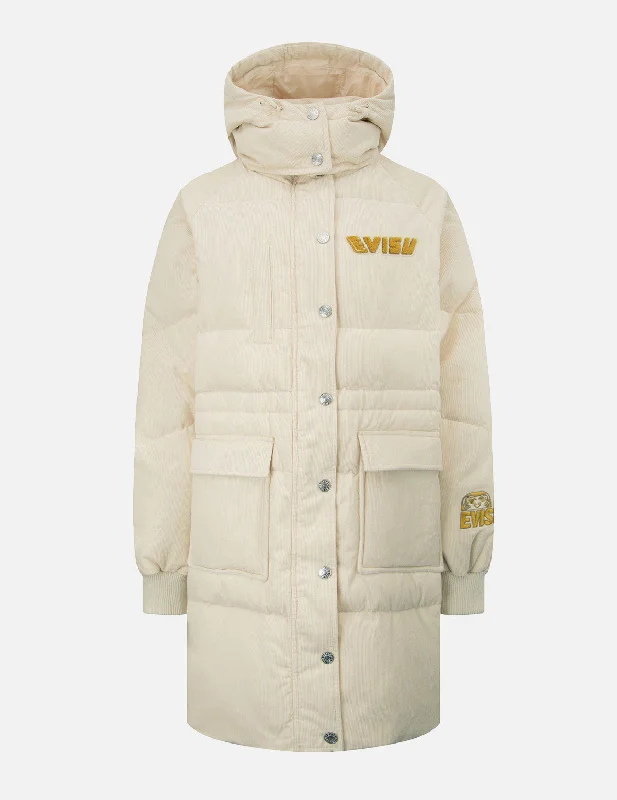 Woman Clothing EVISU Squad Embroidery Corduroy Down Coat